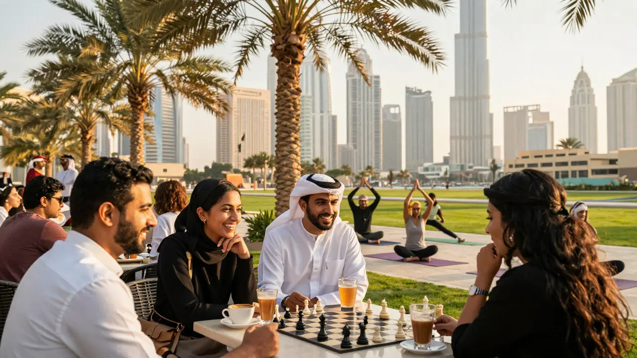 Diverse people enjoying coffee and activities in Zabeel Park, Dubai, with Burj Khalifa in the background under golden sunlight.