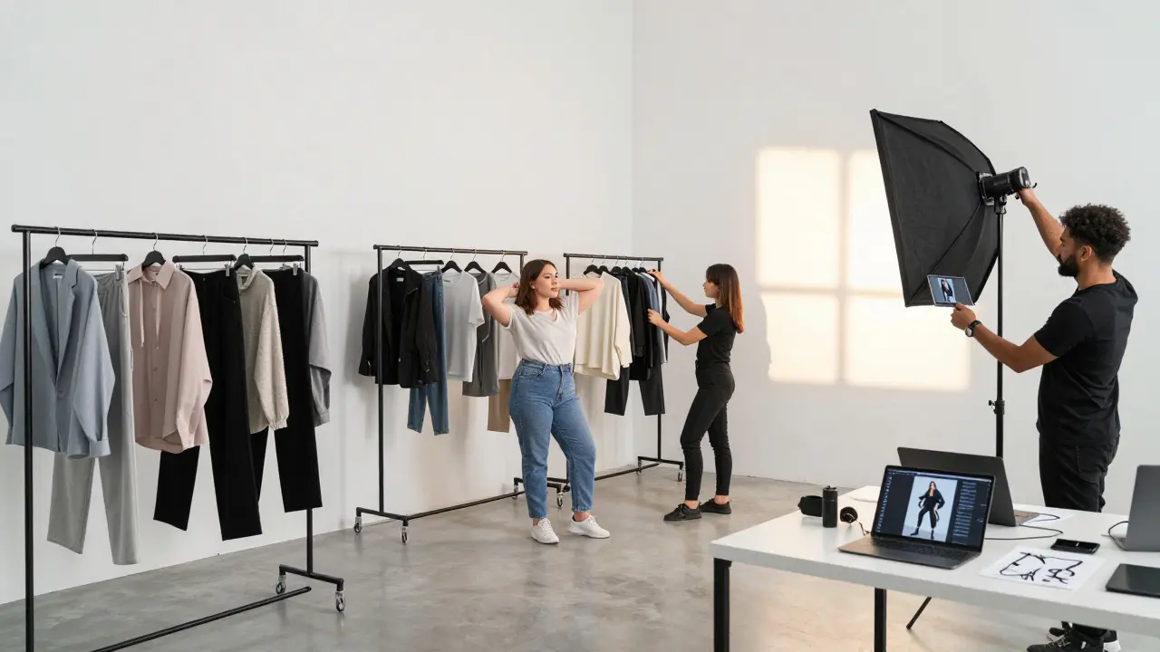 E-commerce catalog photoshoot with photographer team reviewing shots