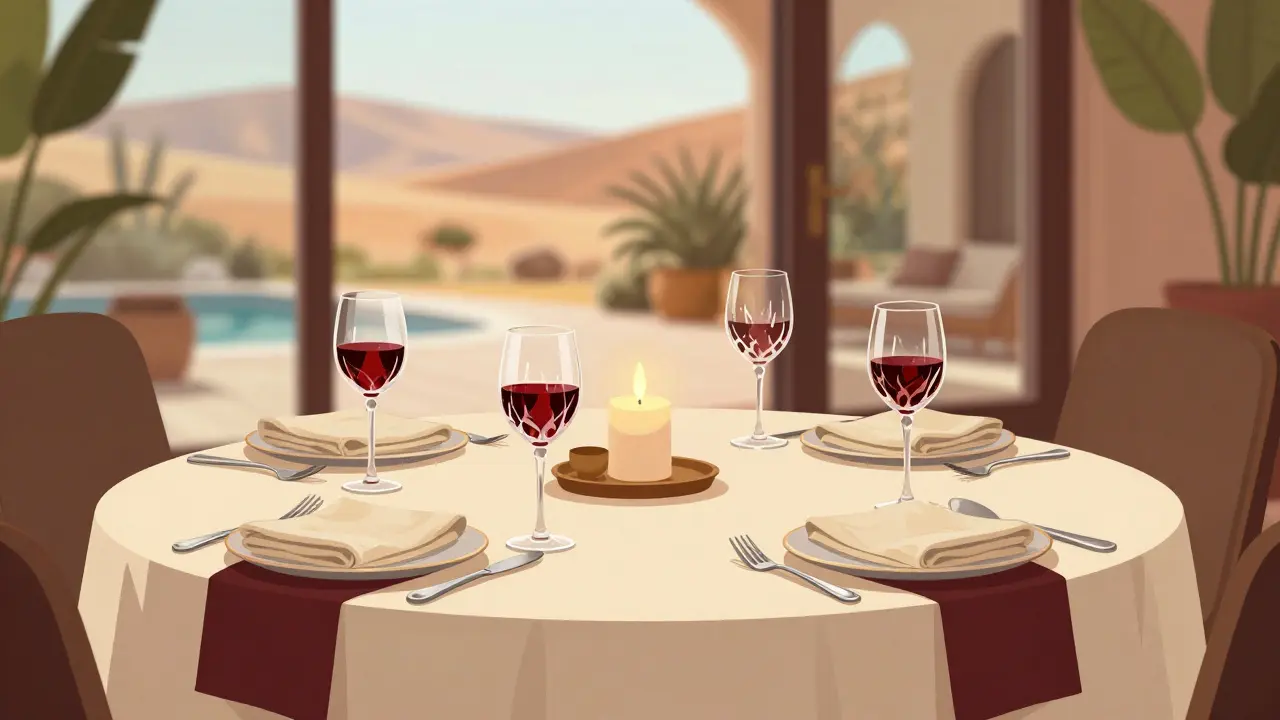 Elegant dinner table setting with candles and wine glasses