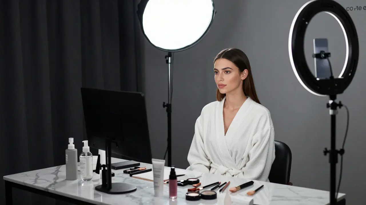 Face model during a skincare photoshoot surrounded by professional lighting equipment and makeup tools in a Dubai studio.