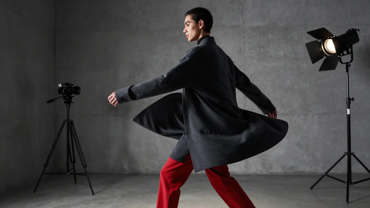 Fashion model in motion posing in studio with lighting equipment.