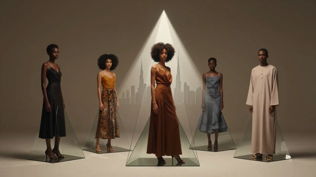 Five Black models in glowing glass prisms, their reflections merging into a single beam of light toward Dubai's skyline.