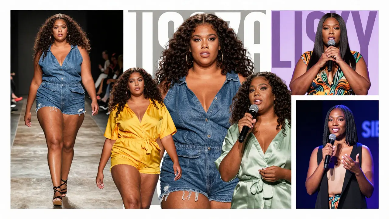 Five influential plus-size models featured together in editorial-style portraits across fashion runways and campaigns.