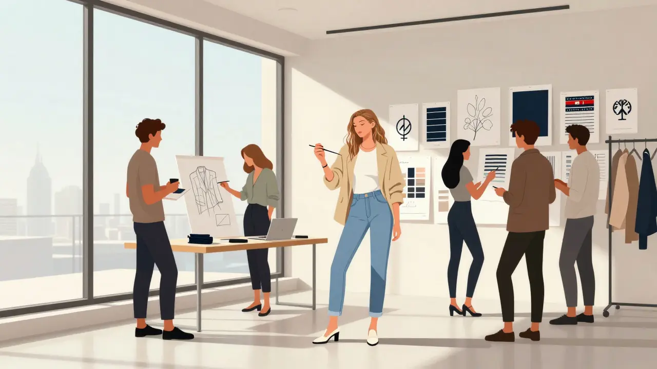 Gigi Hadid sketching fashion designs in a Dubai studio, surrounded by fabric swatches and brand mood boards.