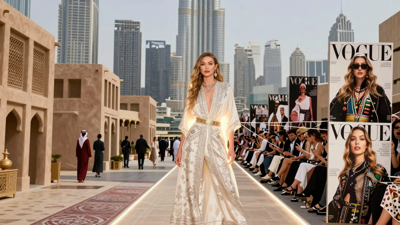 Gigi Hadid symbolizing cultural fusion between Middle Eastern and Western fashion in a conceptual cityscape.