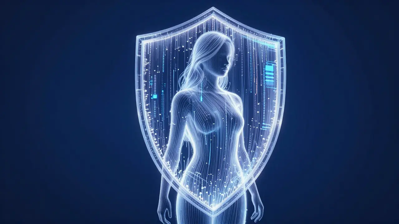 Glowing digital shield protecting a person in dark room.