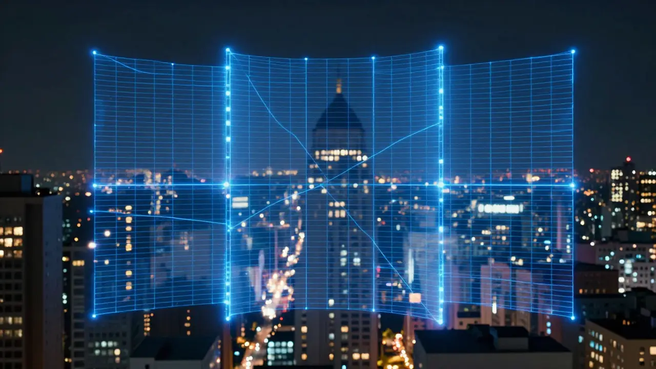 Golden shield protecting a stylized city skyline