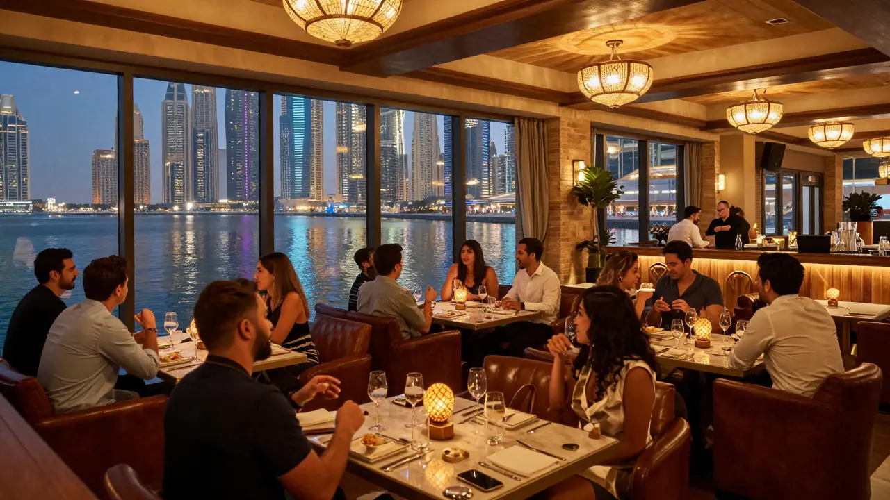 Happy patrons drinking in a bright upscale Dubai lounge venue.