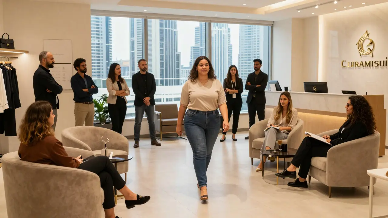 Model walking casting call at fashion agency office lobby