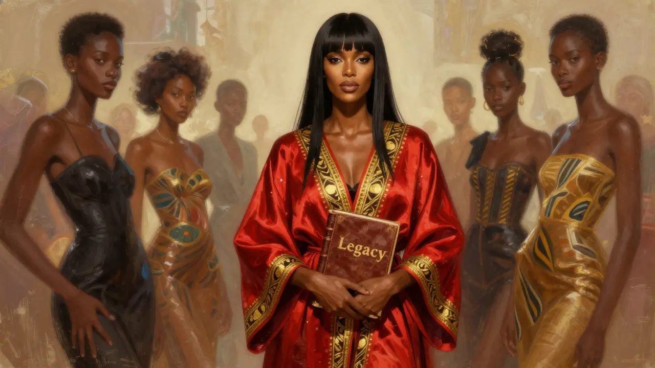 Naomi Campbell in a richly patterned robe at the African Fashion Summit, surrounded by floating images of emerging Black models.