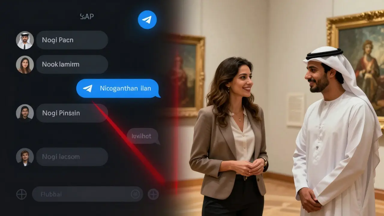 Split image contrasting illegal online scams with legitimate cultural outings in Dubai, one side dark and misleading, the other bright and authentic.