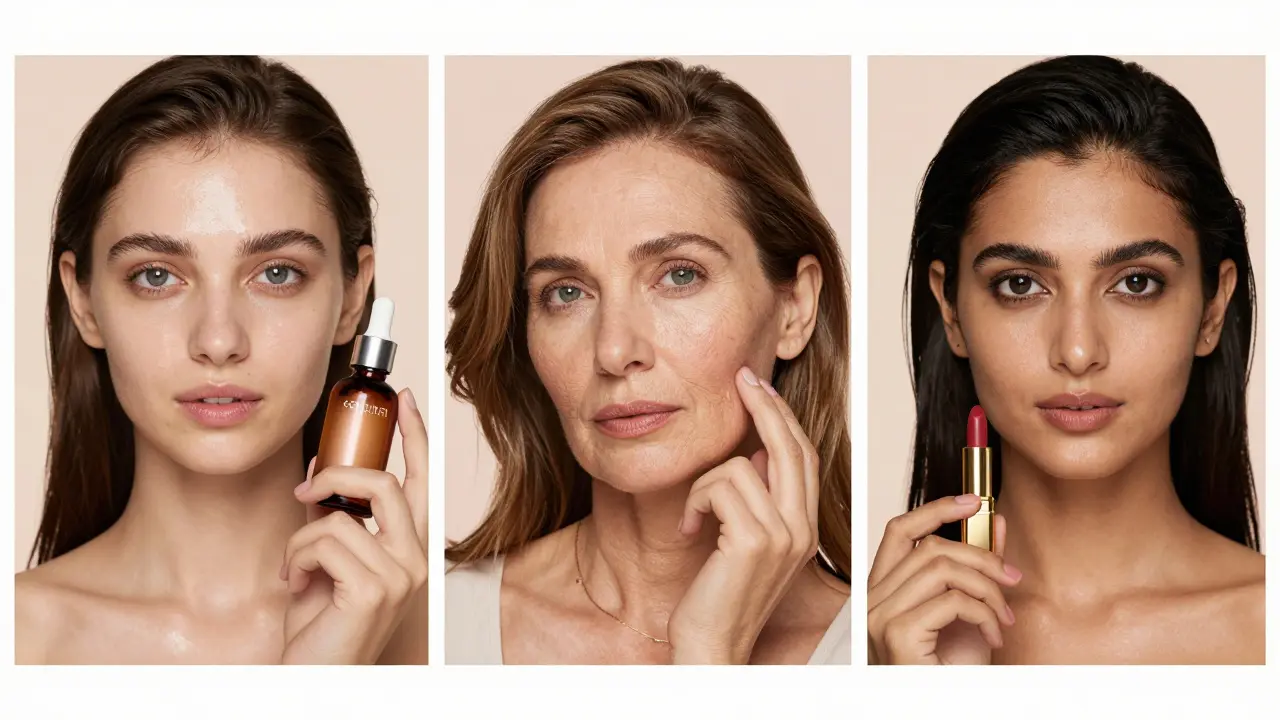 Three diverse face models representing different beauty campaigns: youthful glow, mature skin, and bold lip color in professional studio settings.