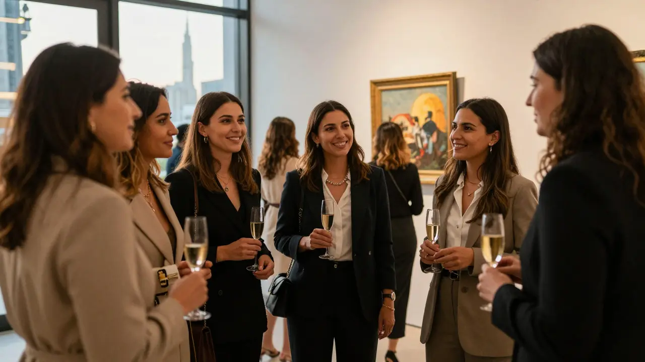 Three professional women attending an upscale art gallery event in Dubai.