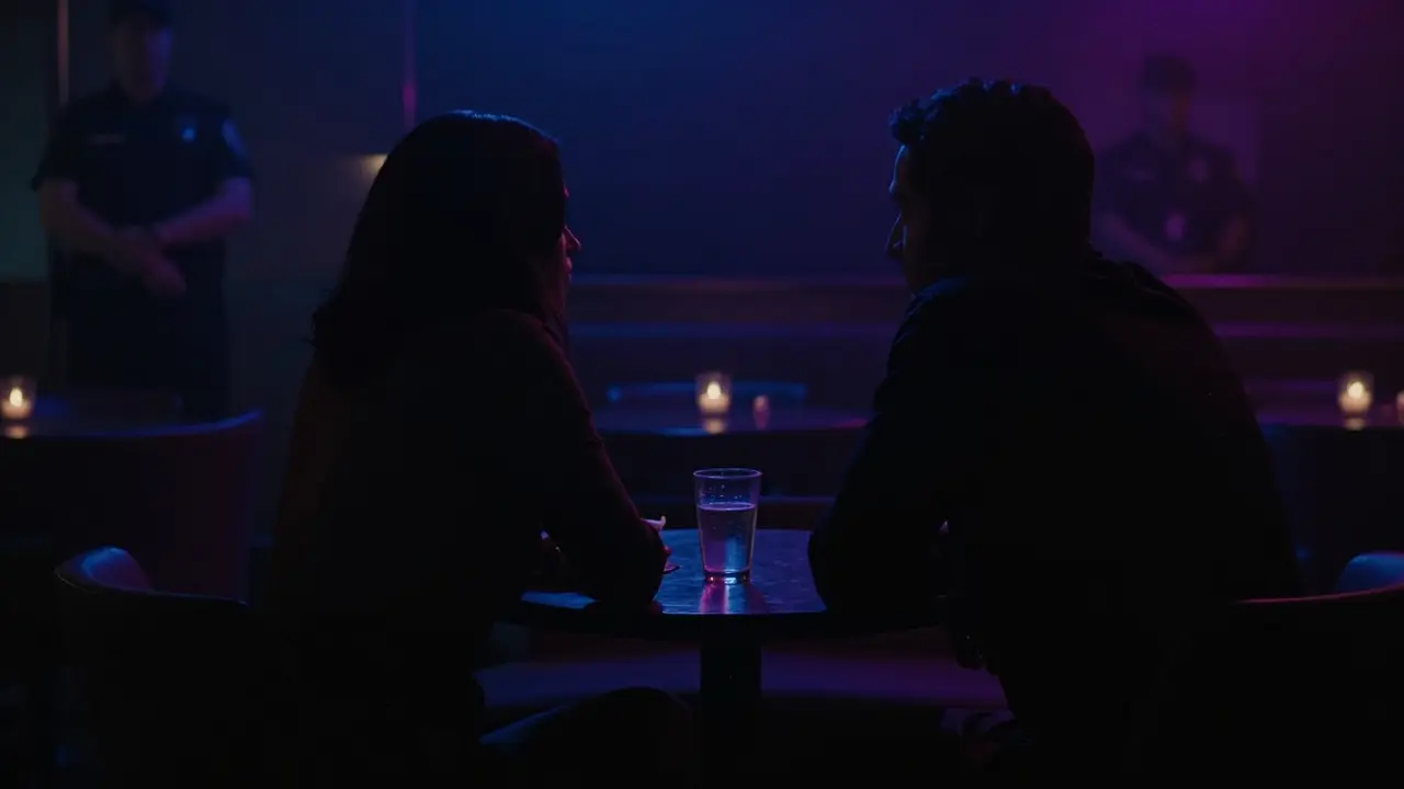 Two anonymous silhouettes meeting in a dimly lit private lounge