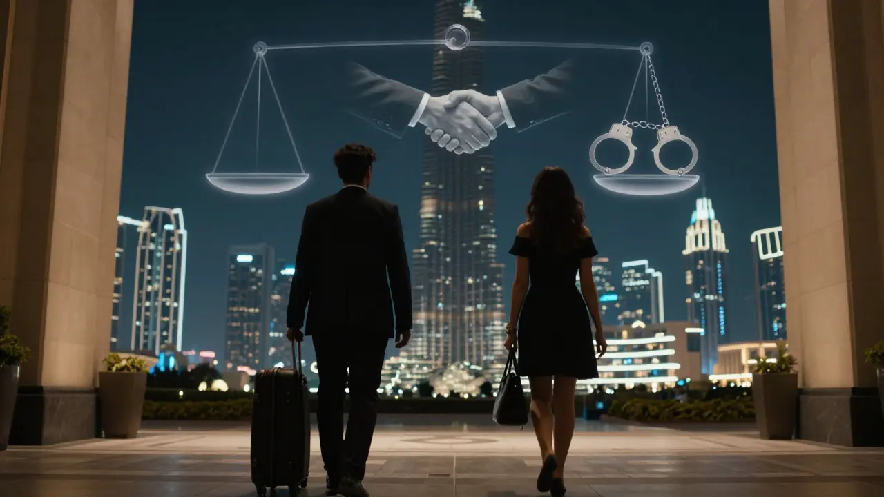 Two silhouettes approach a hotel under Dubai's skyline as a legal scale hovers above them.