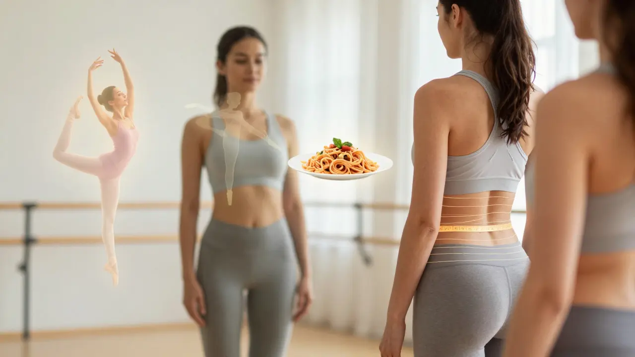 Woman facing mirror with faint waist measurement overlay, floating images of yoga, ballet, and food symbolizing health.