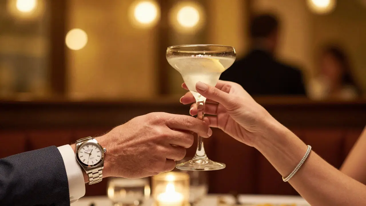 Close-up of an elegant couple holding glasses at a high-end restaurant