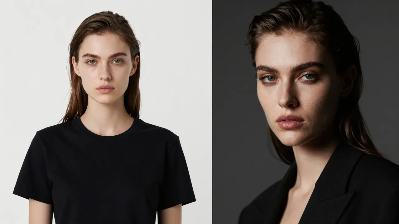 Comparison between a natural digital model photo and a stylized editorial beauty shot