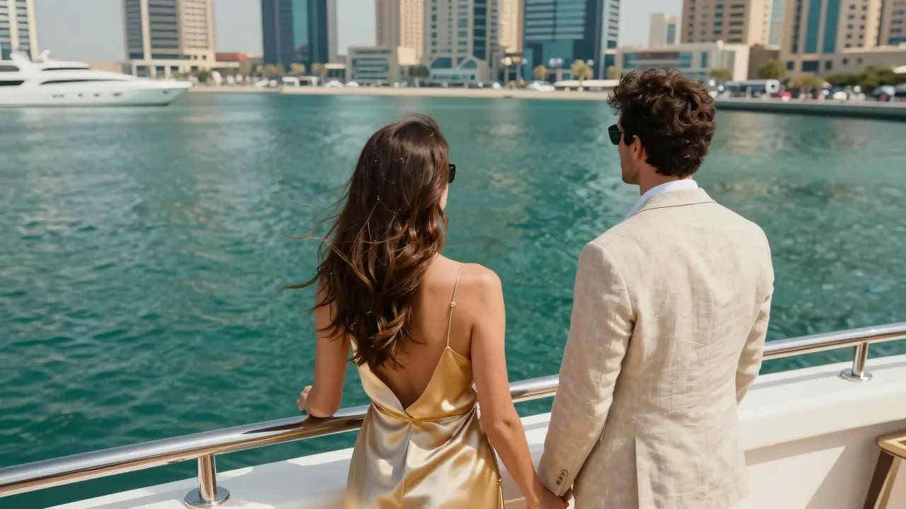 Glamorous couple on a luxury yacht in Dubai Marina