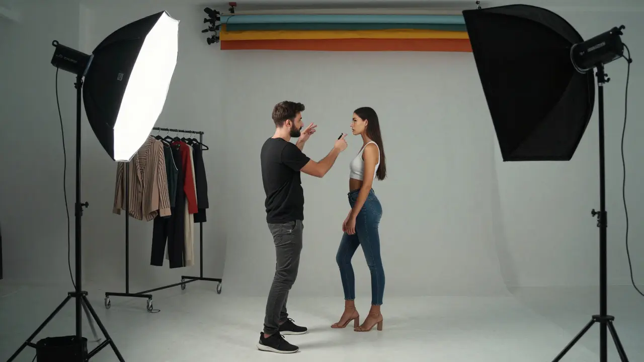 Professional photographer directing a model in a studio with lighting equipment