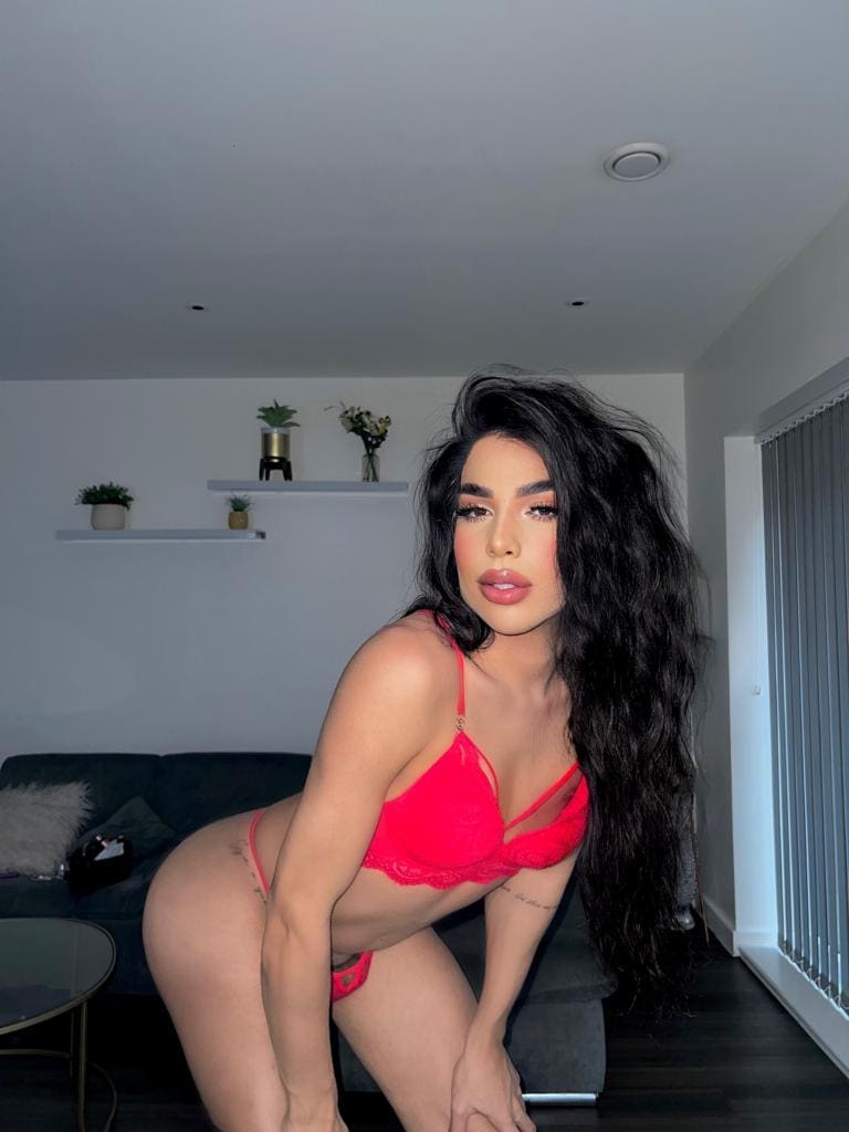 A woman crouches in a living room wearing a red lace bra and matching underwear, with a dark sofa and shelves holding small plants behind her.